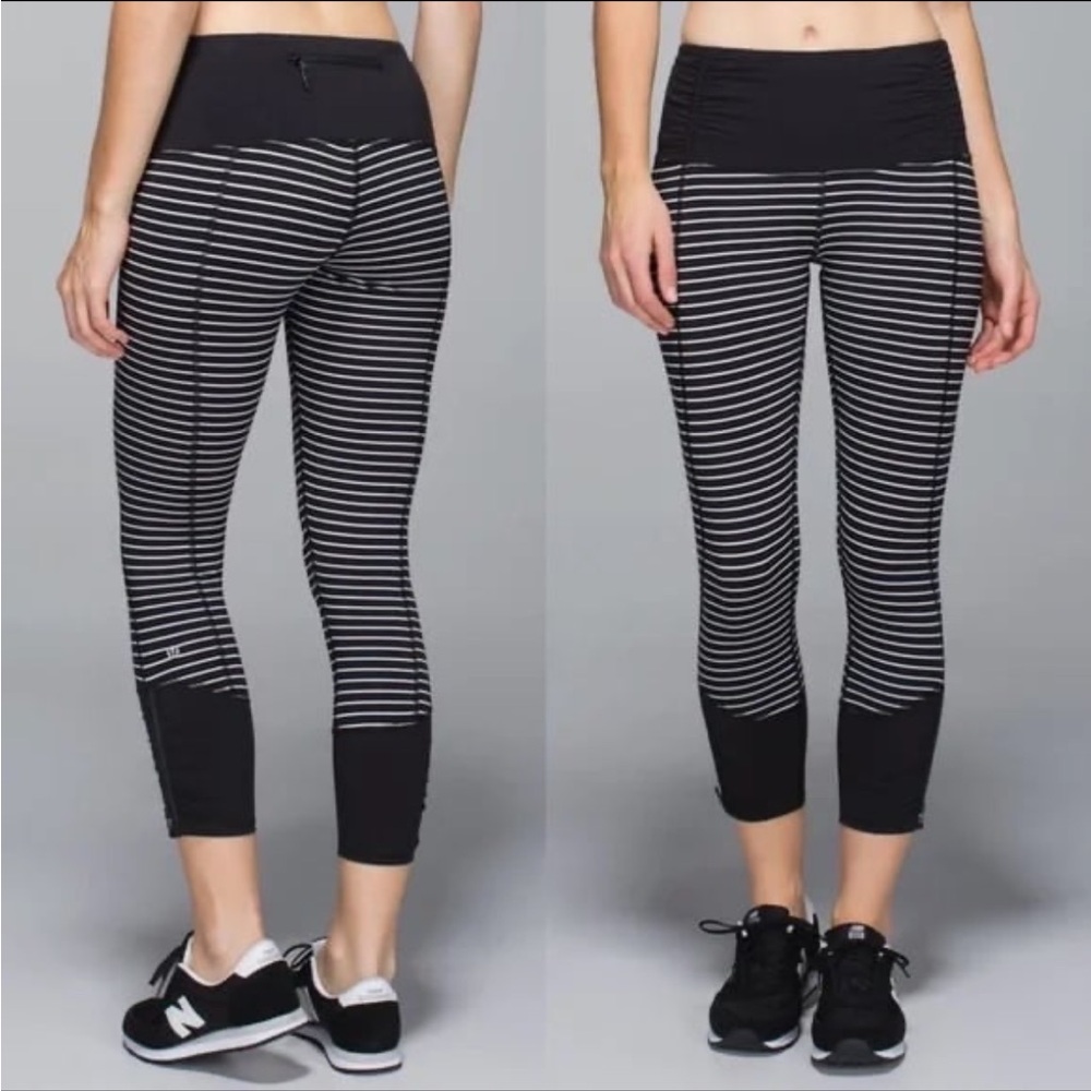 Lululemon Runday Crop Leggings Ankle Zip Pants Black White Parallel Stripe Sz 8